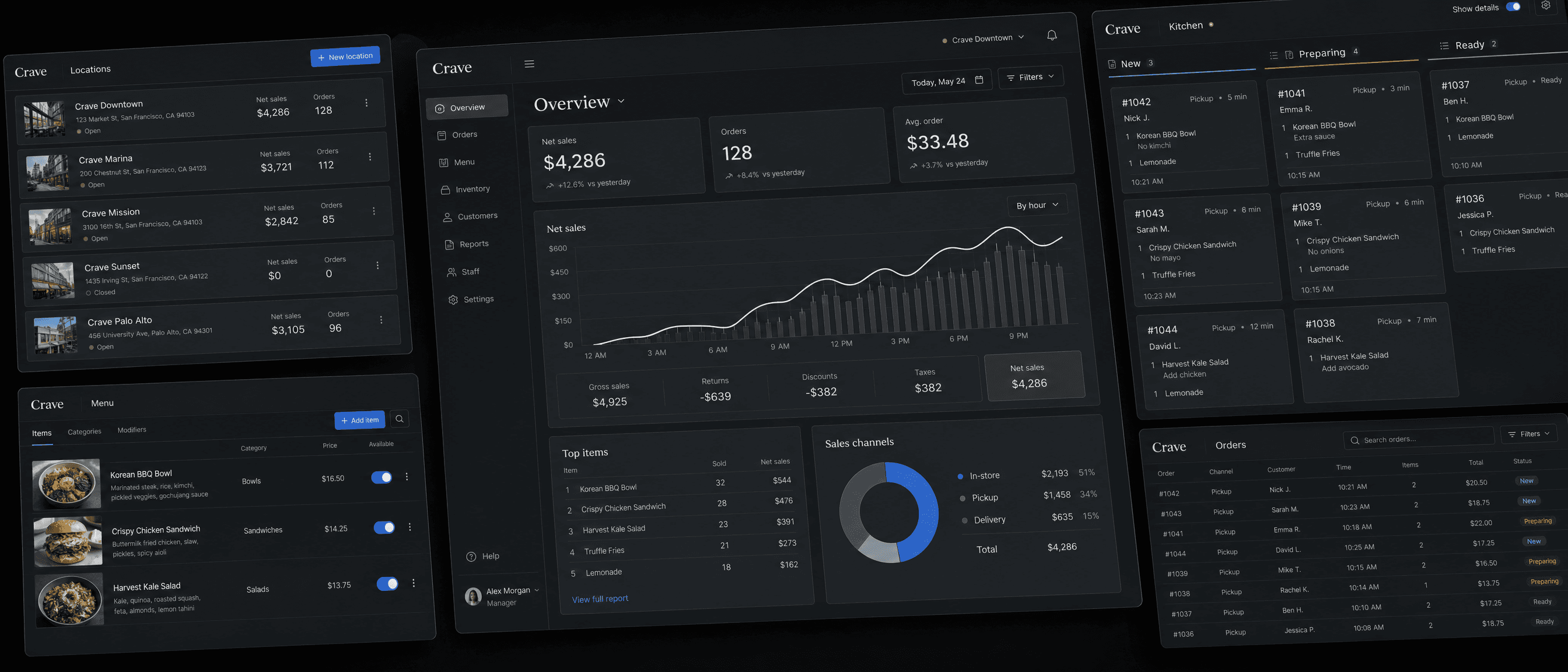 Crave Restaurant OS concept showing restaurant locations, menus, incoming orders, and an operator dashboard